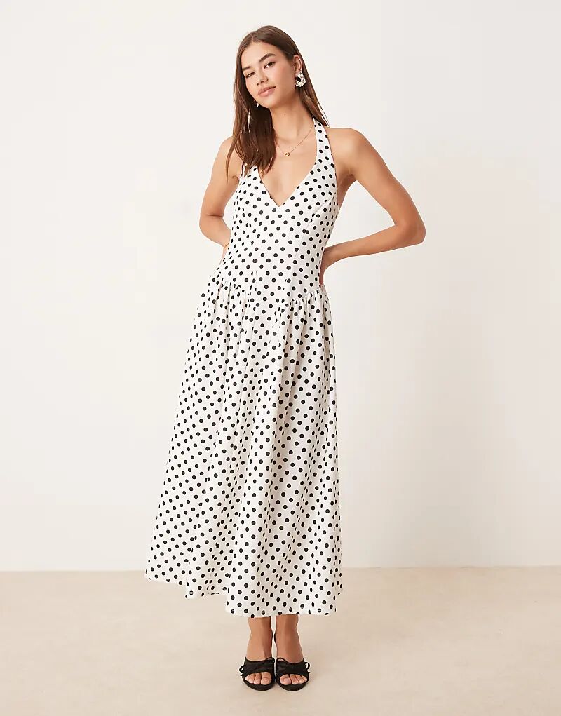 

Платье миди ASOS DESIGN с халтер-воротником, корсетом и вырезами-годе в горошек
