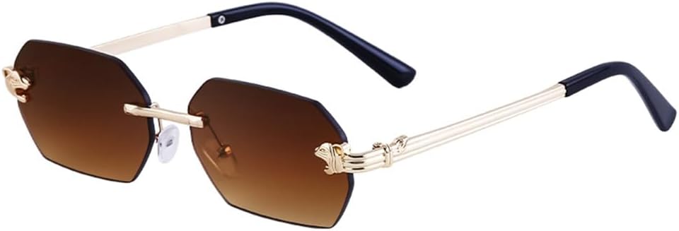 

Маленькие прямоугольные солнцезащитные очки без оправы для мужчин и женщин, солнцезащитные очки с леопардовым принтом, винтажные очки без оправы, защита от УФ-излучения UV400 VFDHN, C3 Gold Brown