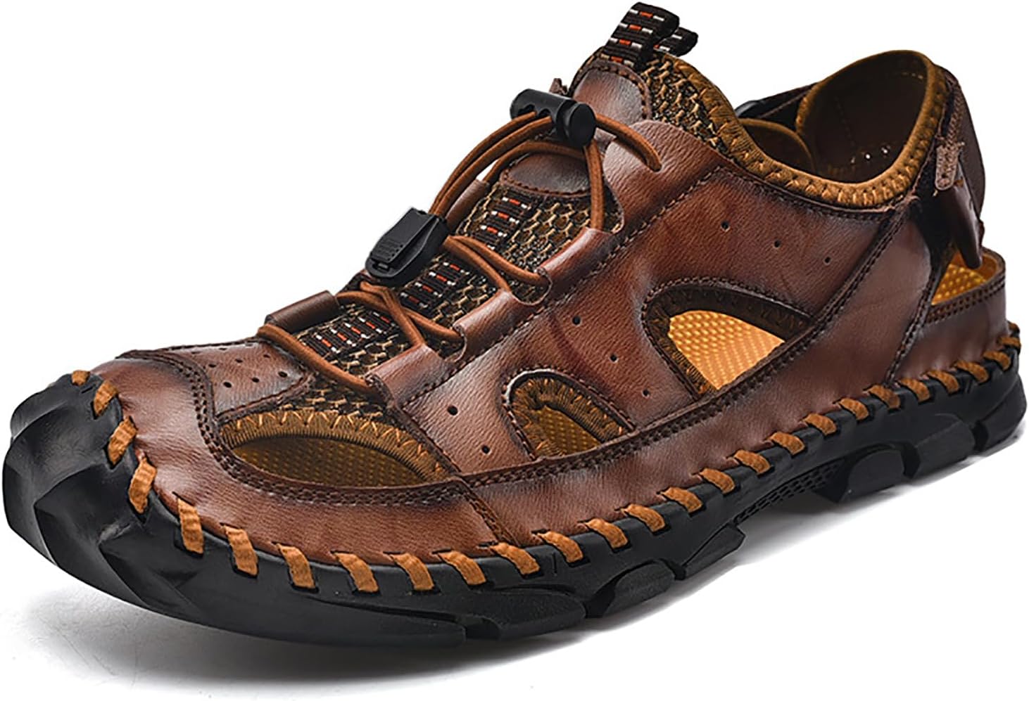 

Мужские сандалии EGEBS из кожи с ручной строчкой для рыбаков, с задней петлей-застежкой, повседневные, дышащие, с вырезами, закрытым носком, противоскользящие, плоские, водные, летние, для прогулок на пляже и на улице, коричневый