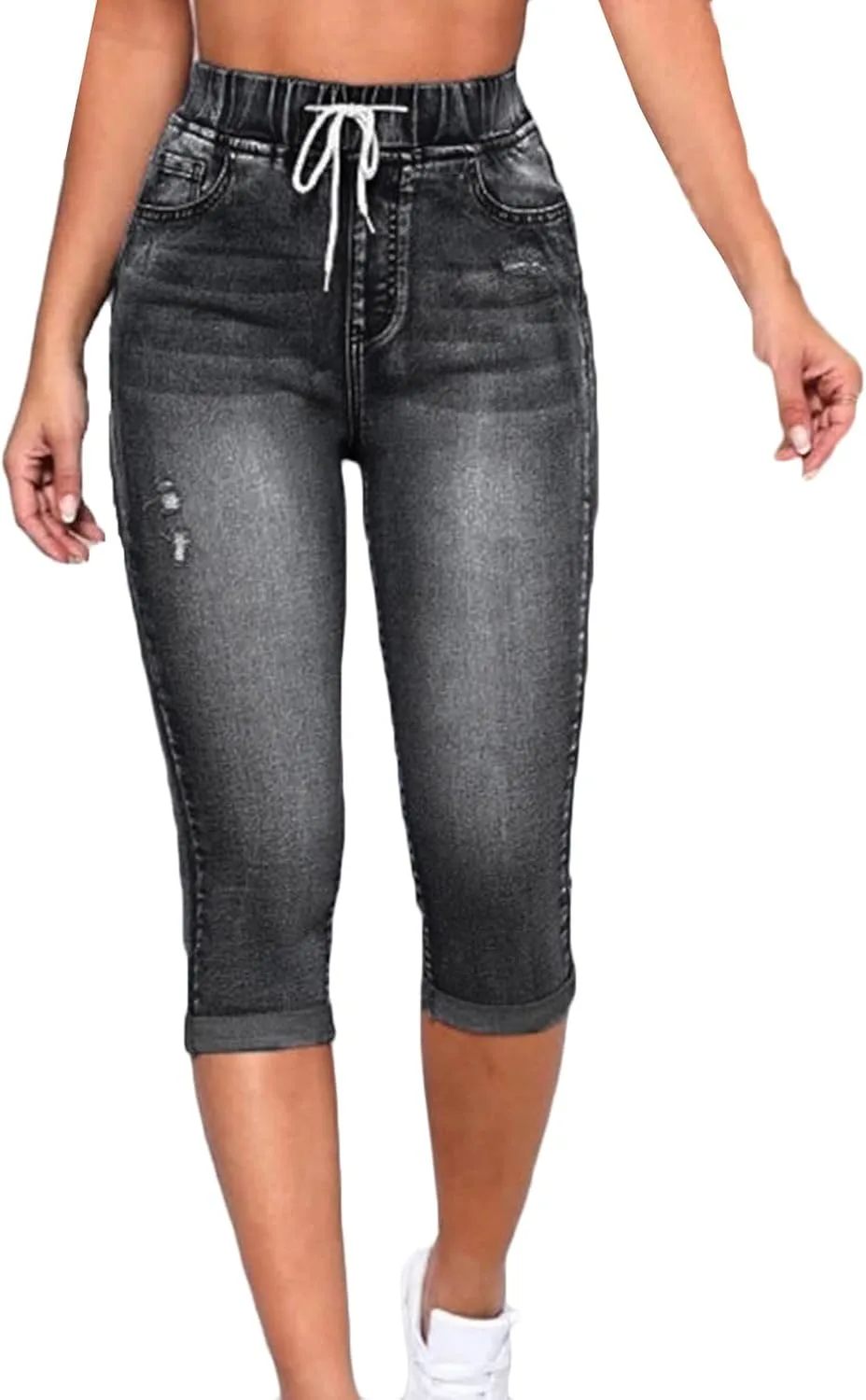 

Женские джинсы капри с высокой эластичной талией на шнурке