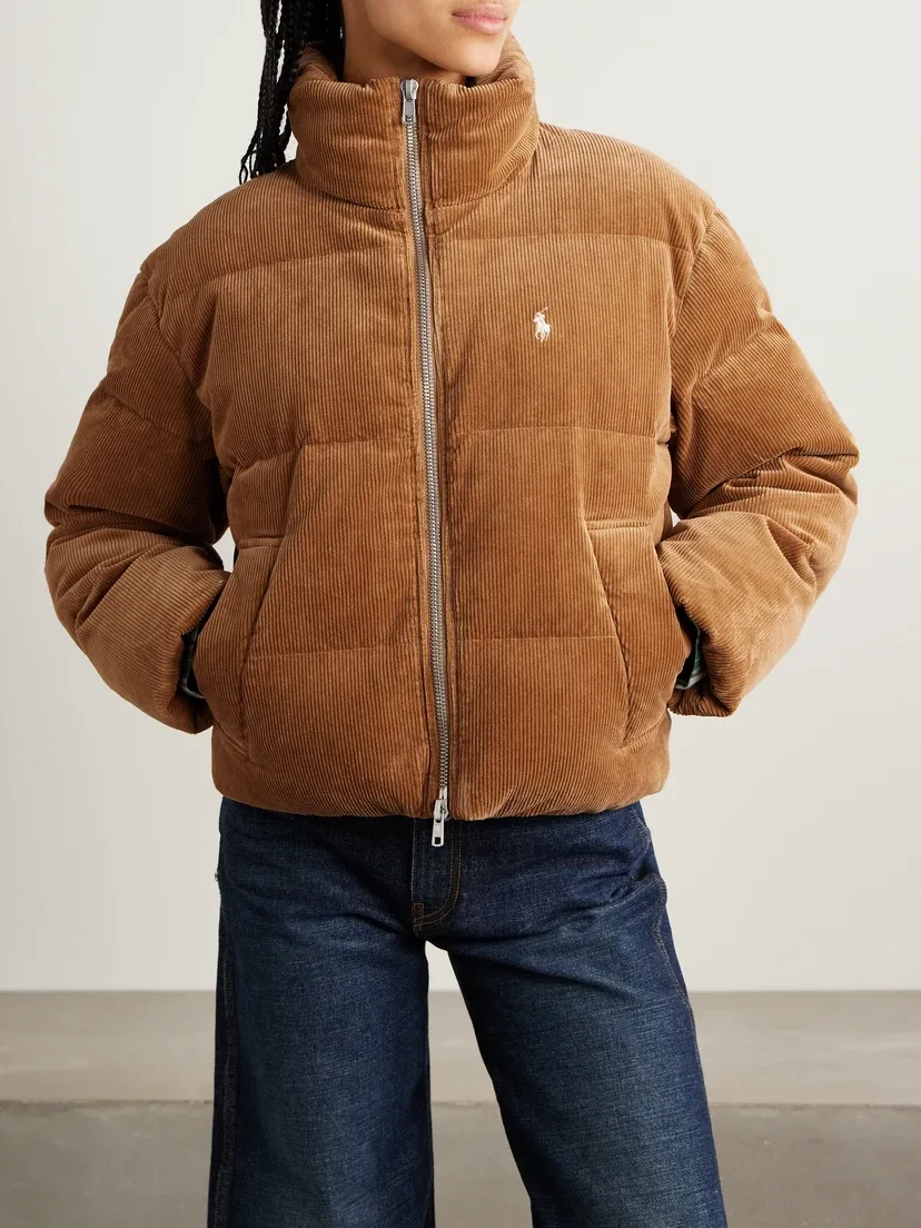 Стеганая пуховая куртка из смесового вельвета с вышивкой POLO RALPH LAUREN, коричневый — фото 3