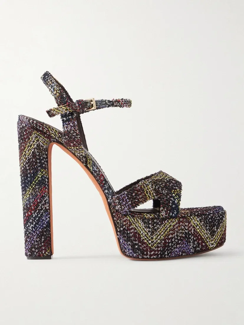 Сандалии на платформе Missoni Angela с вышивкой пайетками и в полоску, коричневый