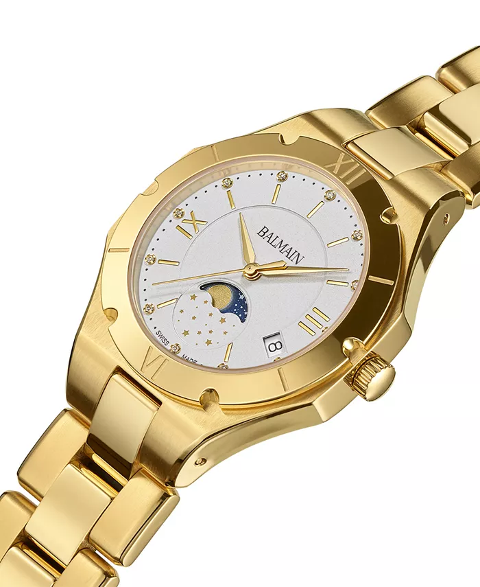 Женские часы Swiss Be Balmain Moonphase Diamond (1/20 ct. t.w.) с бриллиантами, позолоченные PVD, из нержавеющей стали, браслетные, 33 мм — фото 2