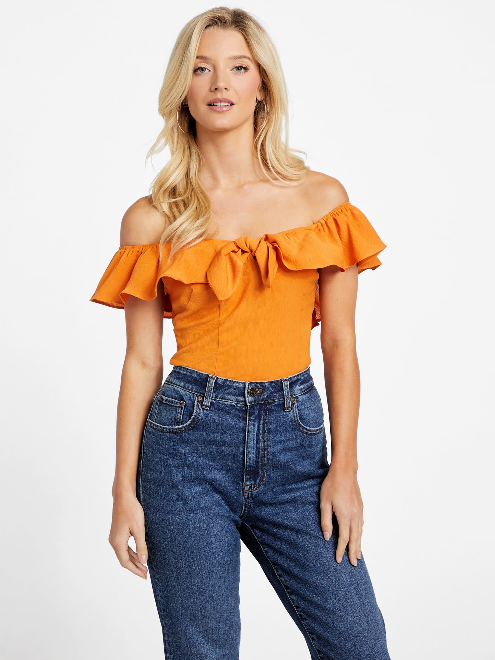 

Укороченный топ Juno с открытыми плечами Guess Factory, цвет brassy