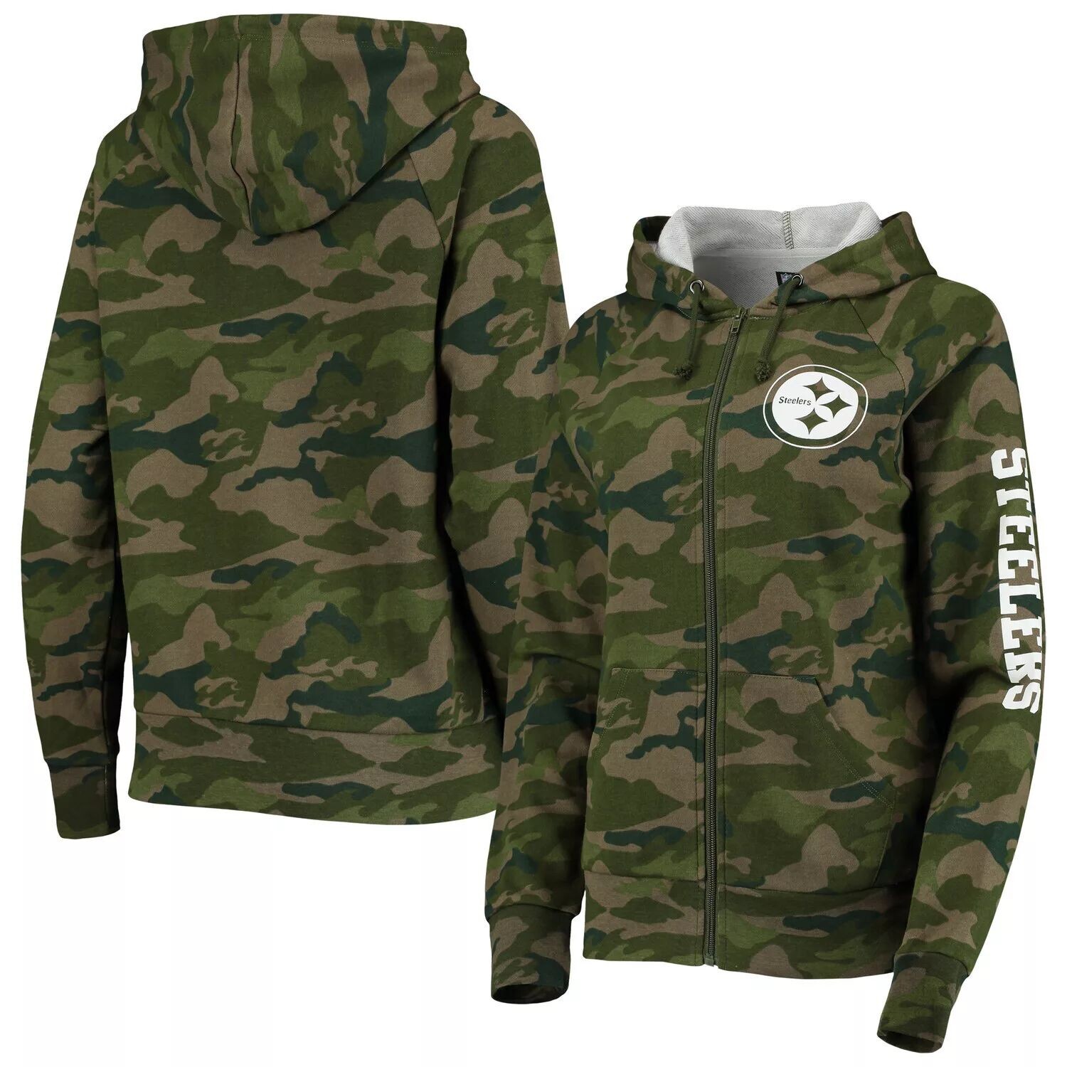 

Женская толстовка с капюшоном New Era Camo Pittsburgh Steelers с молнией во всю длину реглан New Era