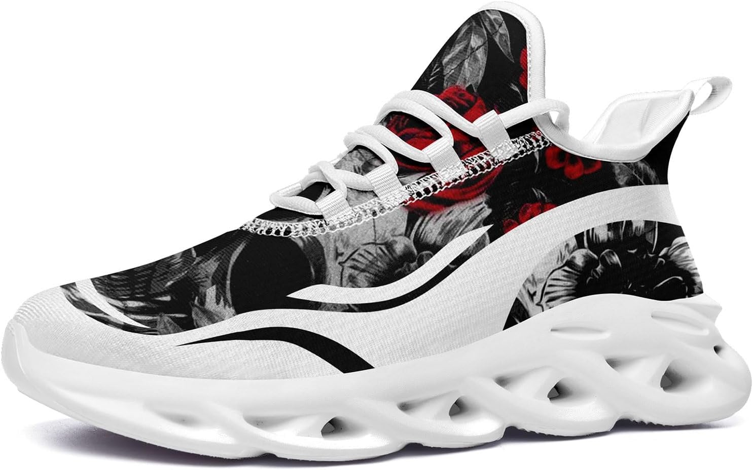 

Мужские дорожные кроссовки для бега с противоскользящей подошвой, легкие, модные с черепом и розой, для ходьбы, спортивные, стильные, с амортизацией, женские Coolcustomize, белый/красный
