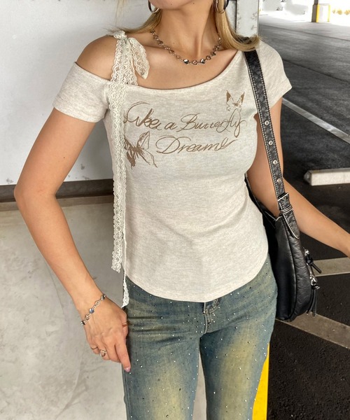 

Топ короткий асимметричный с кружевной отделкой Non-hedge, бежевый