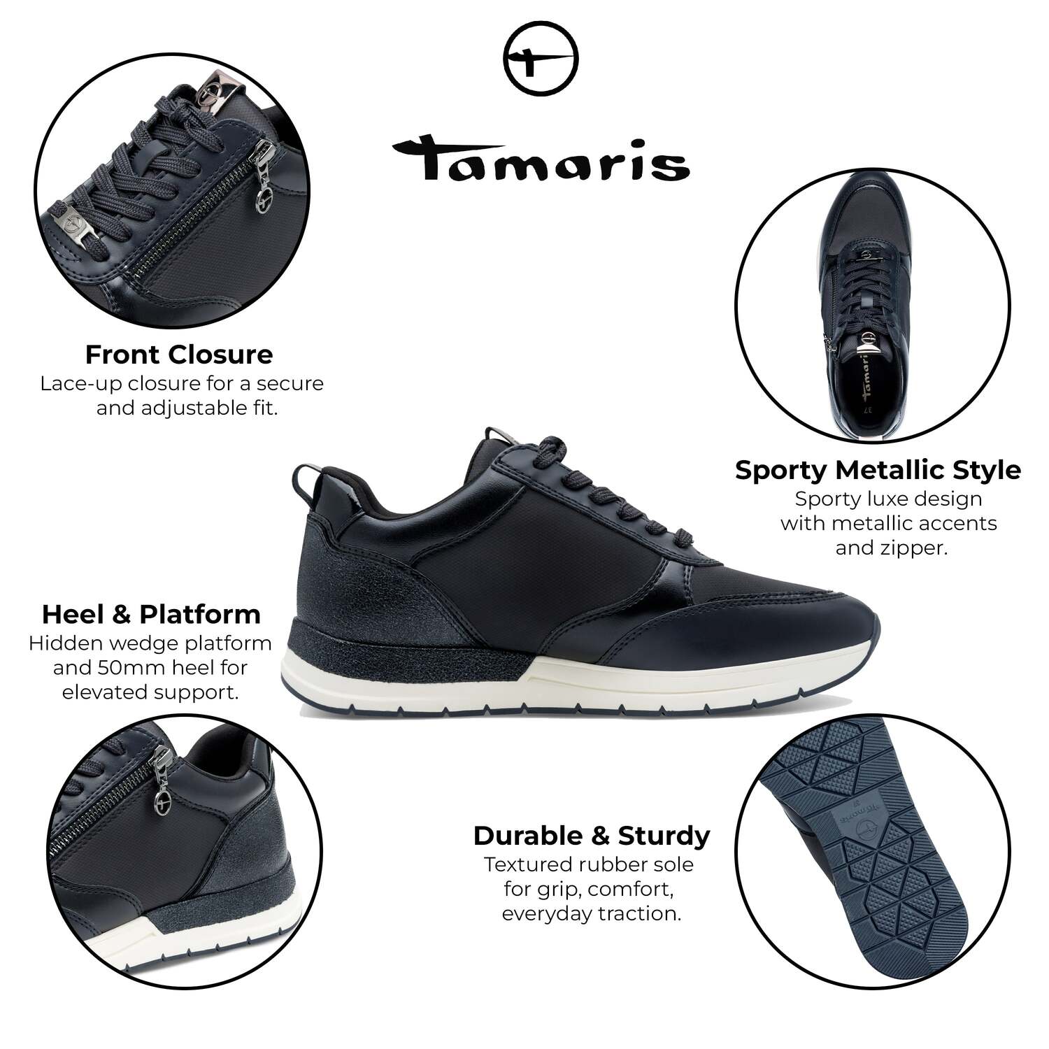 Tamaris женские синие модные кроссовки на шнуровке с молнией TMRS — фото 2