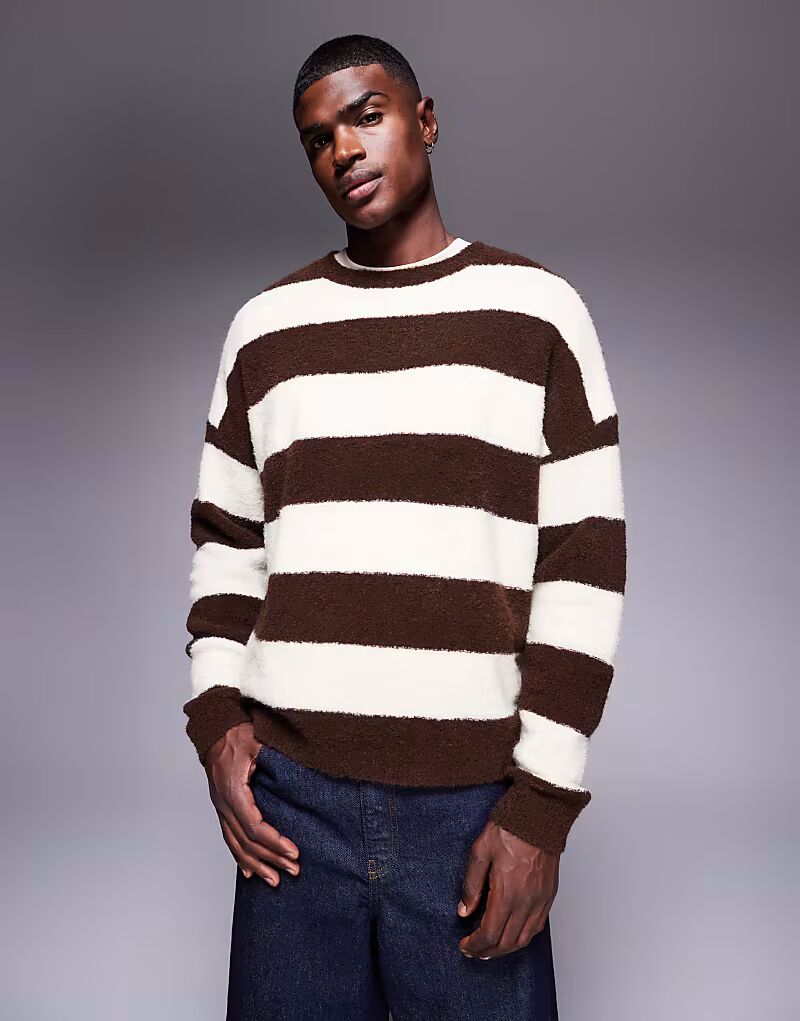 

Объемный вязаный джемпер в полоску коричневого и бежевого цветов Asos Design