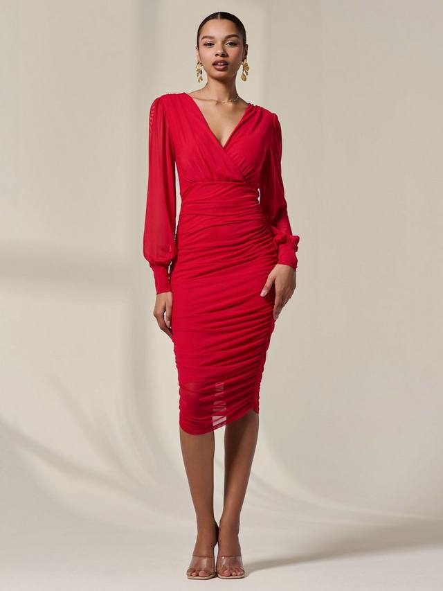 

Мидское платье с длинными рукавами из сетчатой ткани Jolie Moi, Red