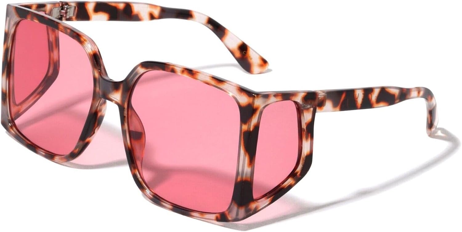 

Женские солнцезащитные очки Dweebzilla увеличенного квадратного размера с боковыми линзами, большие, модные, с защитой от УФ-излучения UV400, гибридные, Tortoise Frame - Pink Lenses