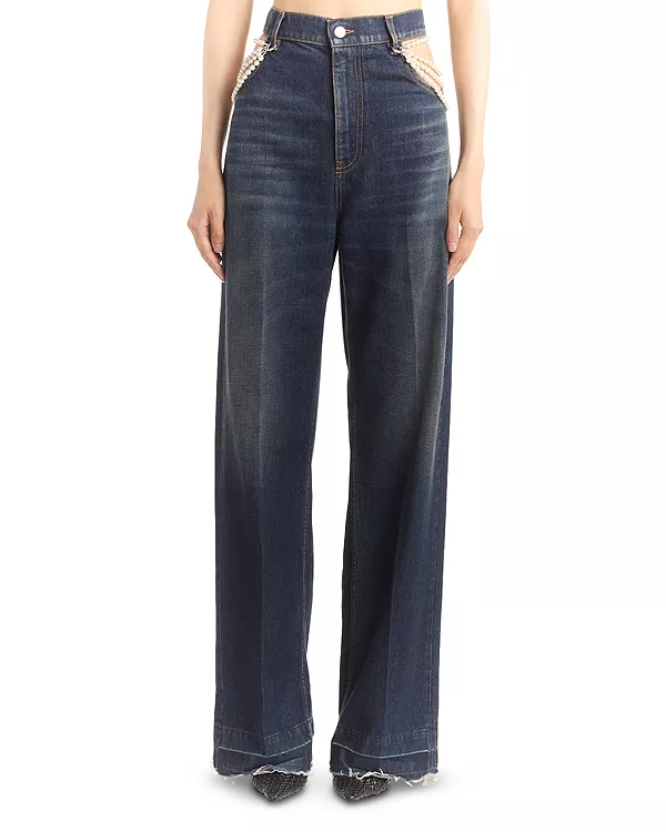 

Жемчужные джинсы из денима темного цвета Stella Mccartney, синий