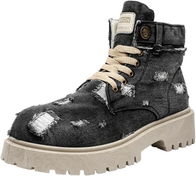 

Мужские ретро-кеды из денима на высокой подошве с толстой прочной подошвой, шнуровкой и повседневным дизайном для улицы и ежедневной носки Hhhchpm, черный