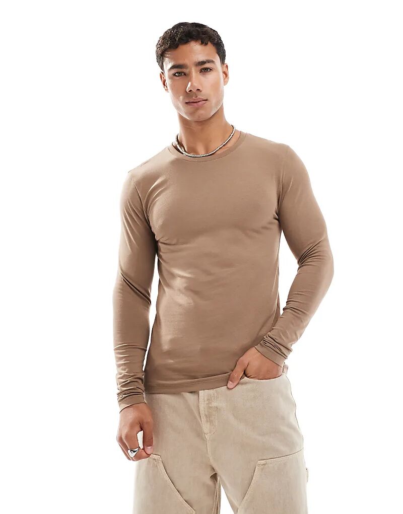 

Футболка ASOS DESIGN Essential Muscle Fit с длинными рукавами коричневого цвета