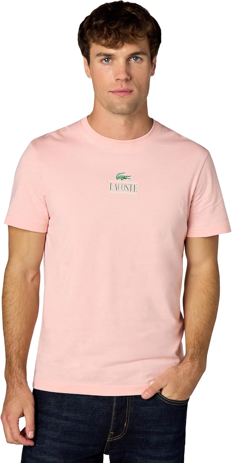 

Футболка Lacoste унисекс для взрослых, стандартного кроя, с короткими рукавами, круглым вырезом, мелким кроем и рисунком Lacoste спереди на груди, Rosebud Pink, Розовый, Футболка Lacoste унисекс для взрослых, стандартного кроя, с короткими рукавами, кругл