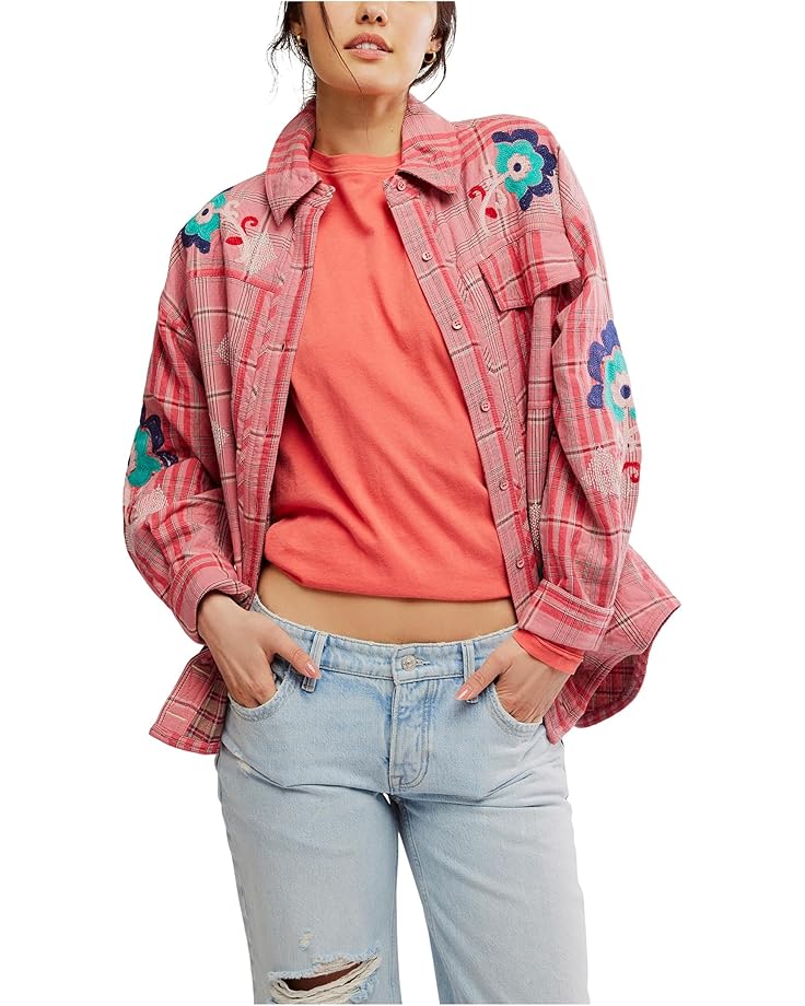 

Рубашка Free People We The Free Embroidered Sashiko Shirt, цвет Pink Combo