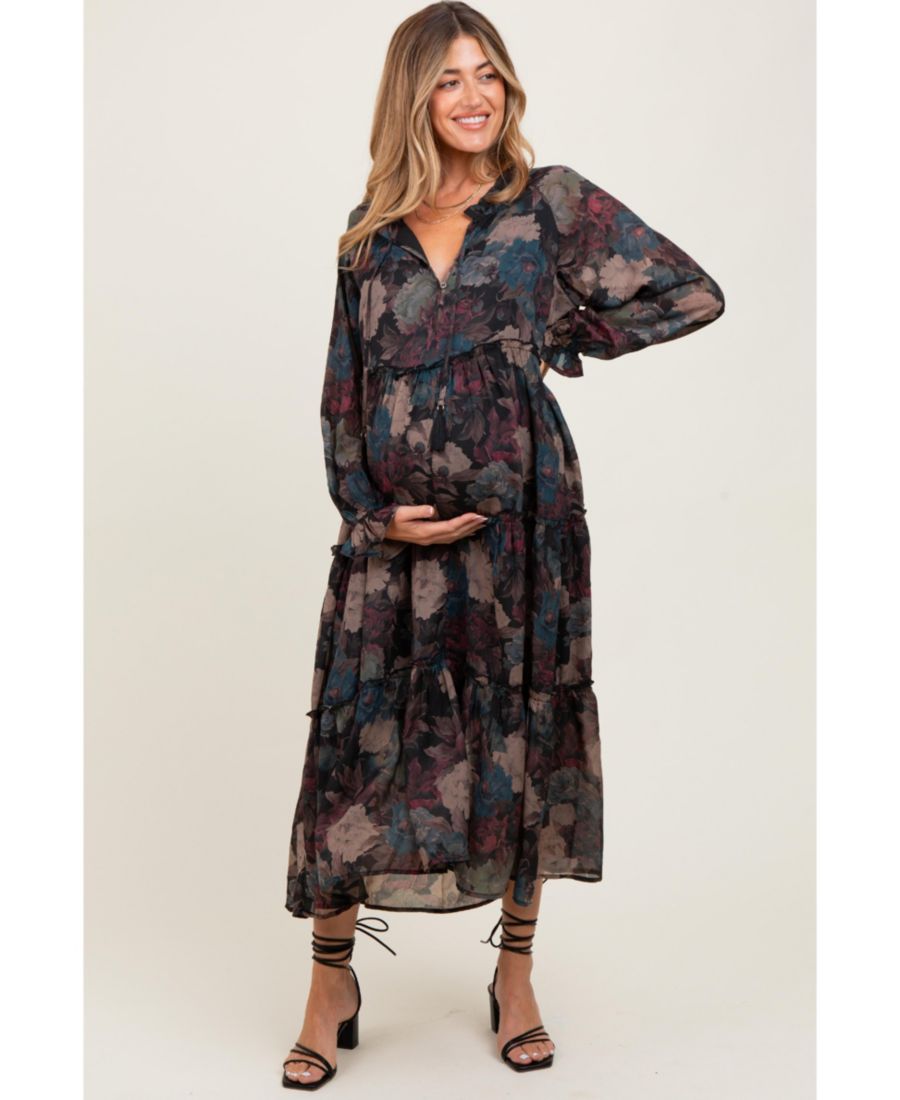 

Бежевое миди-платье для беременных из шифона с цветочным принтом и оборками Pinkblush, Black