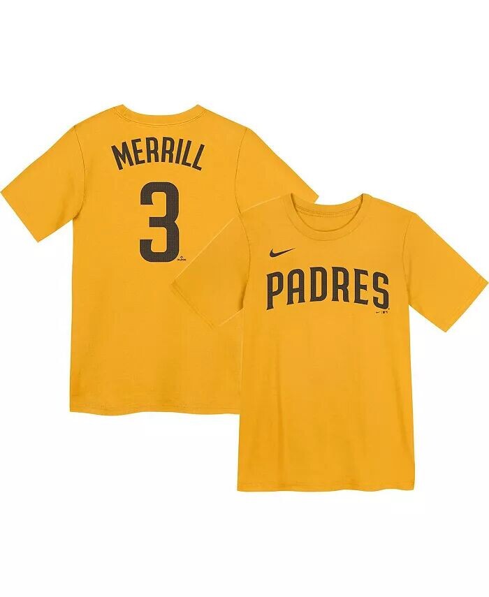 

Футболка с именем игрока и номером дошкольника Jackson Merrill Gold San Diego Padres Nike