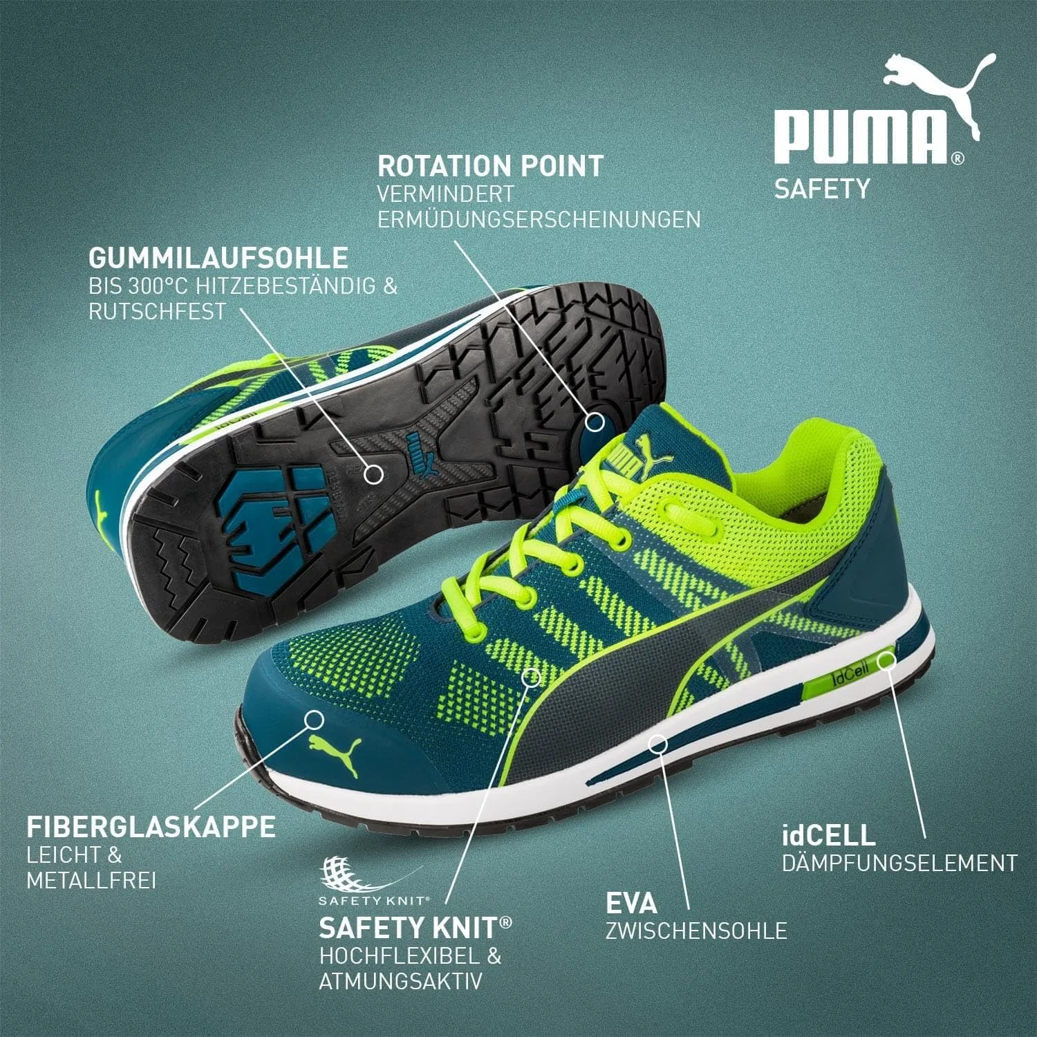 Защитные низкие рабочие кроссовки Puma Safety Elevate Knit Low Work Shoe Safety Shoe S1P ESD HRO SRC с защитным колпачком из стекловолокна, нескользящая поверхность, термостойкие, без металлических вставок, мужские, синий/зеленый — фото 3
