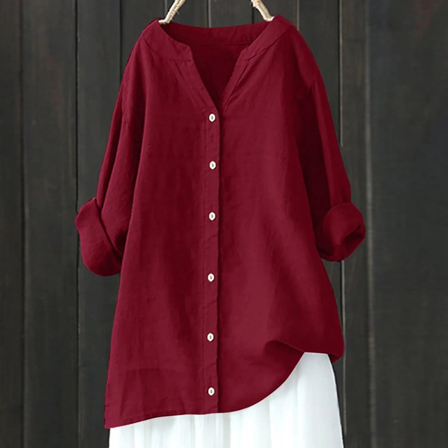 Блуза с V-образным вырезом, Oversized Women Loose Button Down Blouse, красный — фото 3