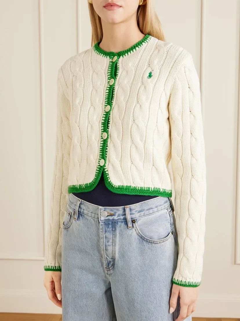 Кардиган из хлопковой смеси с кабельной вязкой и вышивкой POLO RALPH LAUREN, бежевый — фото 3