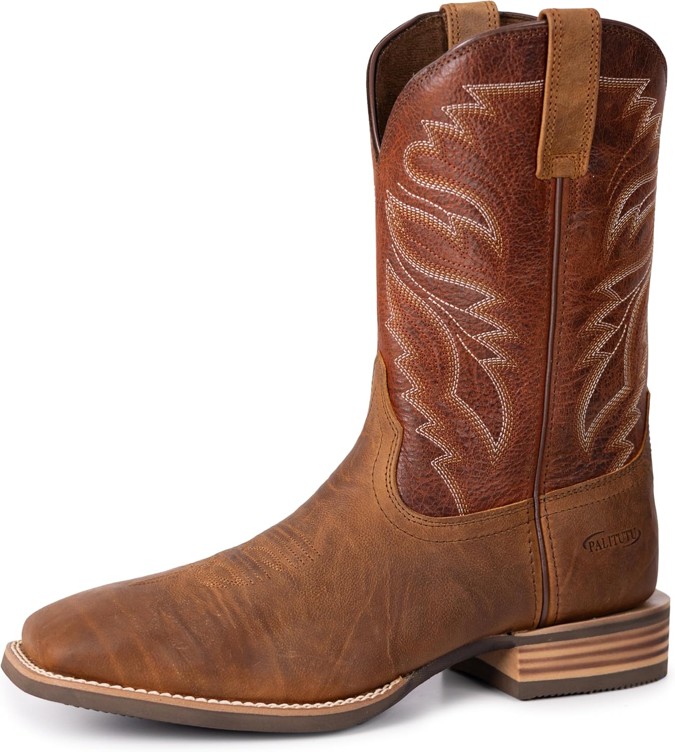 

Мужские ковбойские сапоги Palitutu, модные вышитые сапоги из кожи полного зерна, носок квадратной формы, без шнуровки, подошва из 4 слоев композита, противоскользящие и верховые сапоги (PLT103611), коричневый
