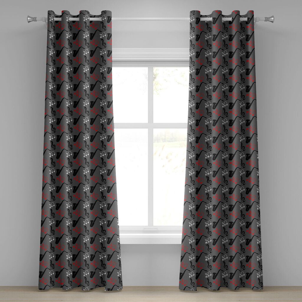 

ABAKUHAUS Джазовая музыкальная штора с люверсами, музыкальные ноты, скрипичный ключ, саксофон, абстрактный дизайн, блюзовое исполнение, декоративные 2-панельные оконные шторы, 280 см x 260 см, черный, серый, красный