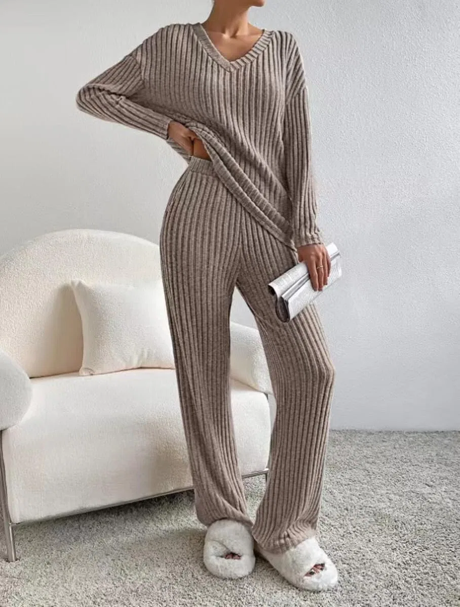 Женский спортивный костюм Ribbed Lounge Wear, Khaki — фото 2
