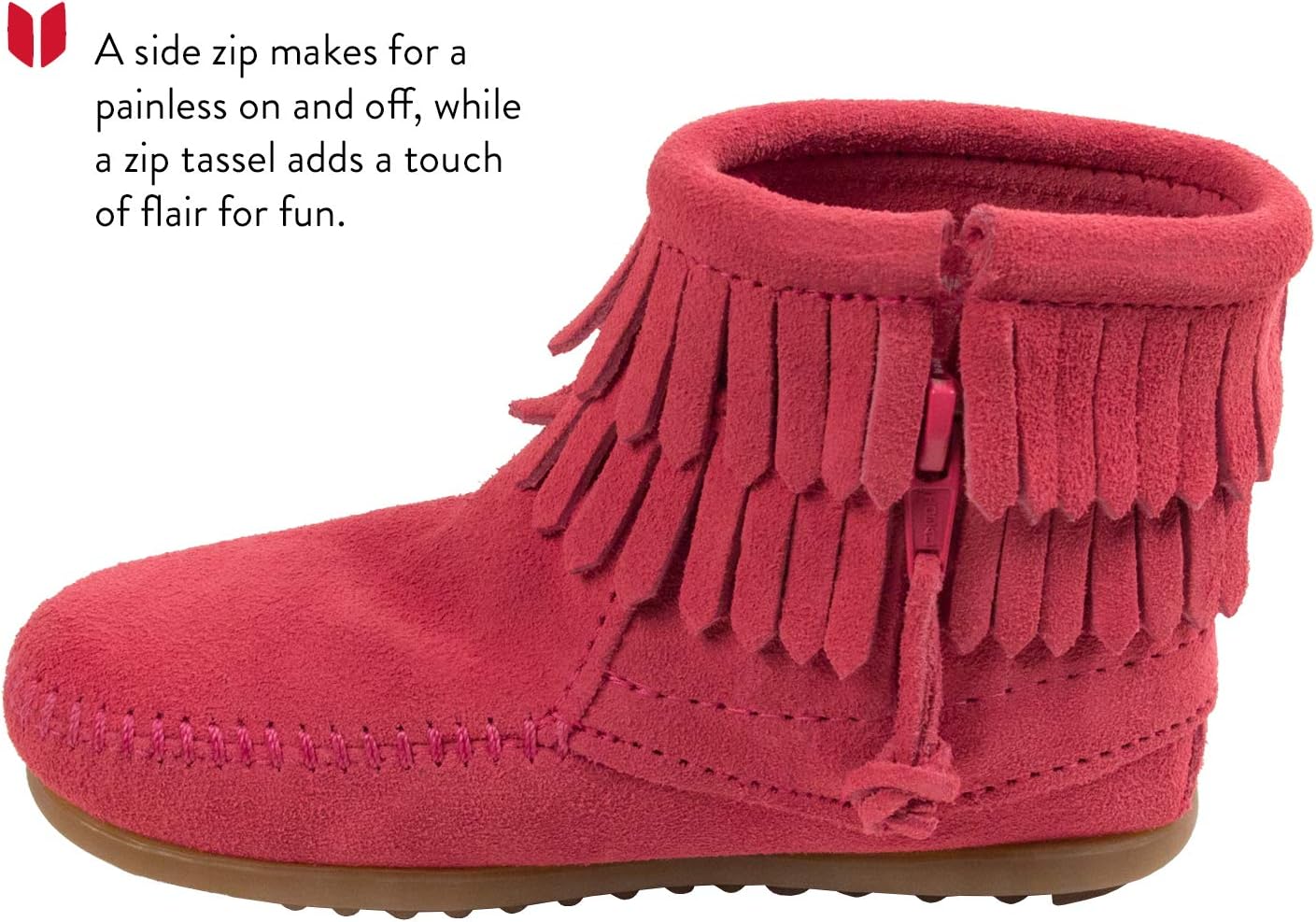 Детские ботинки Minnetonka с двойной бахромой и боковой молнией, Little Kid (4-8 Years) Pink — фото 3