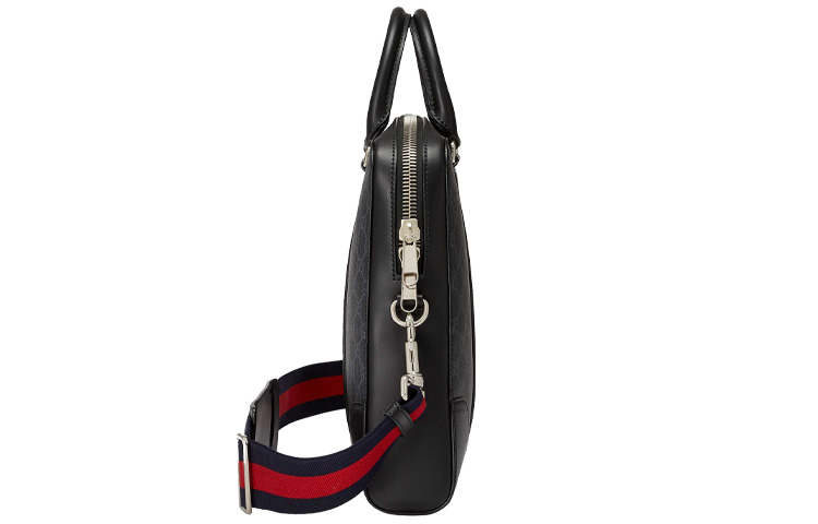 GUCCI Кожаный портфель на холсте с наплечным ремнем через плечо и ручкой черный мужской — фото 4