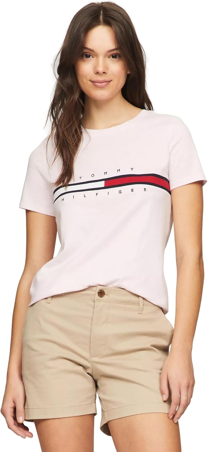 

Женская футболка с полосатым логотипом Tommy Hilfiger, Embroidered-Flag Light Pink, Красный, Женская футболка с полосатым логотипом Tommy Hilfiger, Embroidered-Flag Light Pink