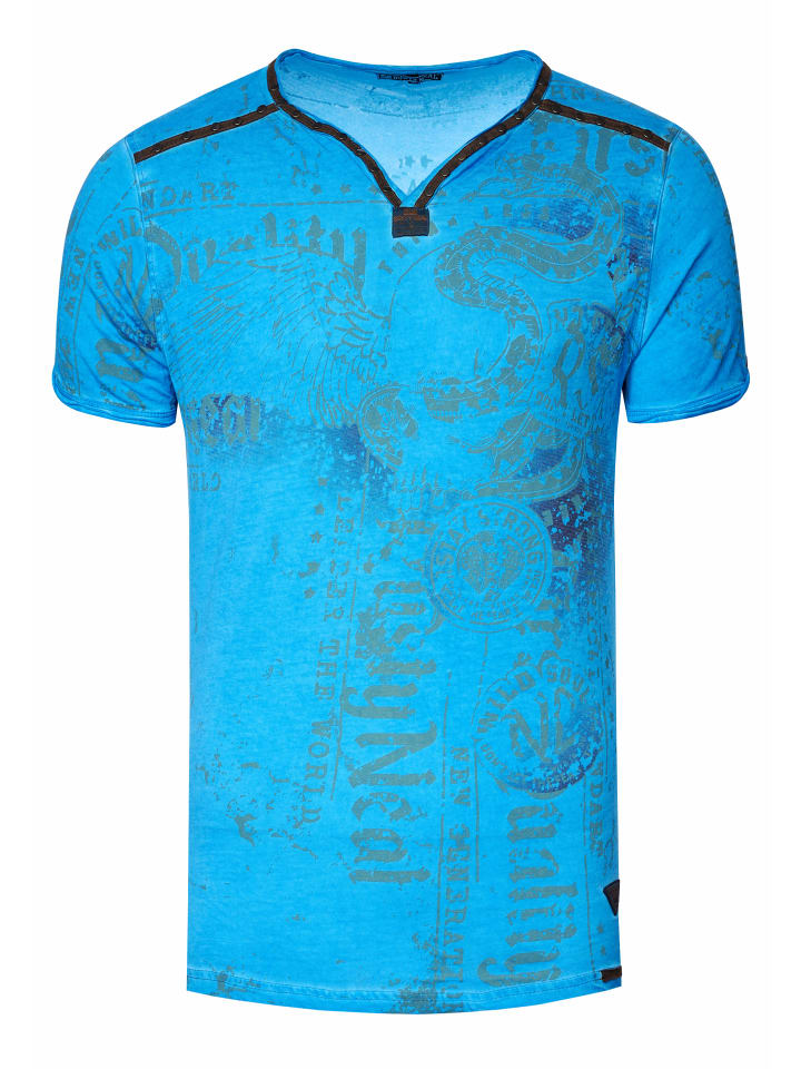 

Футболка с V-образным вырезом, с принтом и замшевыми деталями цвета сакс Rusty Neal