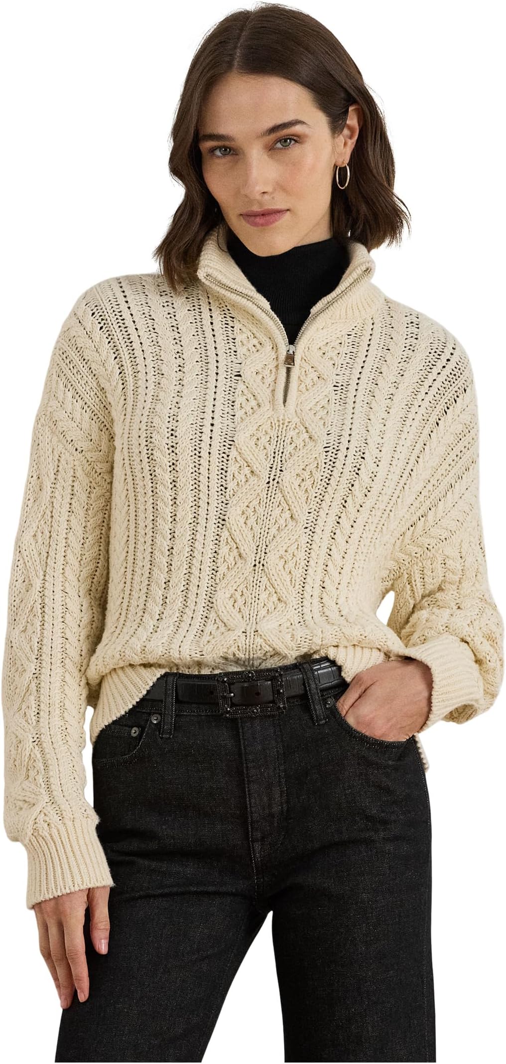 

Пуловер Lauren Ralph Lauren Aran-Knit Cotton Quarter-Zip Pullover, цвет Mascarpone Cream
