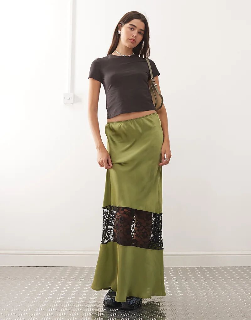 

Юбка миди из восстановленного винтажного атласа с кружевной вставкой оливково-зеленого цвета