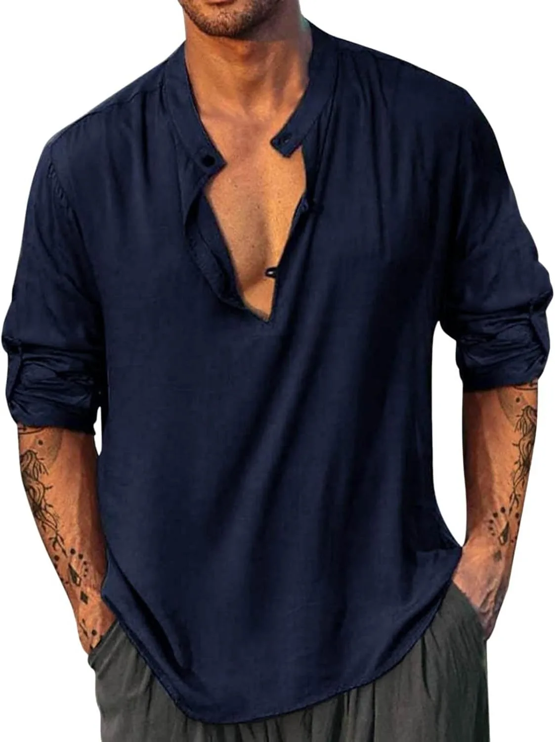 

Мужская хлопковая льняная рубашка-поло с длинными рукавами YSERB