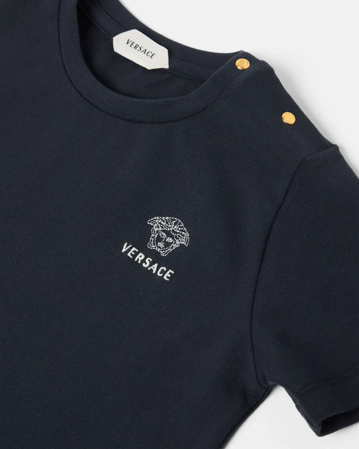 Детская футболка из эластичного хлопкового трикотажа с вышитым логотипом Versace, синий — фото 4