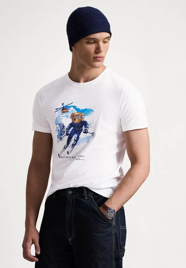 Футболка-Поло приталенного кроя с принтом медведя. Polo Ralph Lauren, White