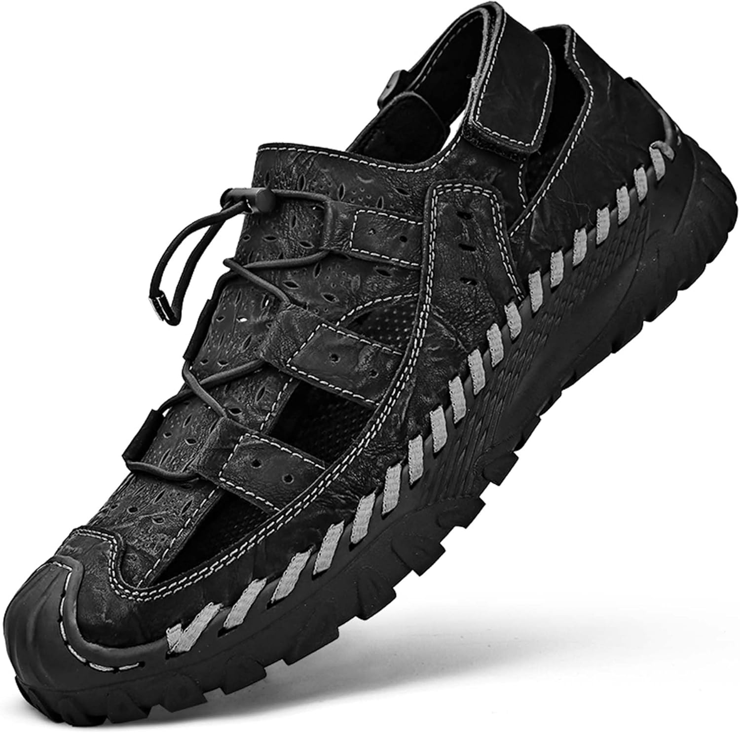 

Мужские сандалии из коровьей кожи с закрытым носком, спортивного и повседневного стиля, ручной работы, с регулируемой застежкой, слипоны для ходьбы, противоскользящие, для улицы, альпинизма, внедорожного туризма и кемпинга Generic, черный