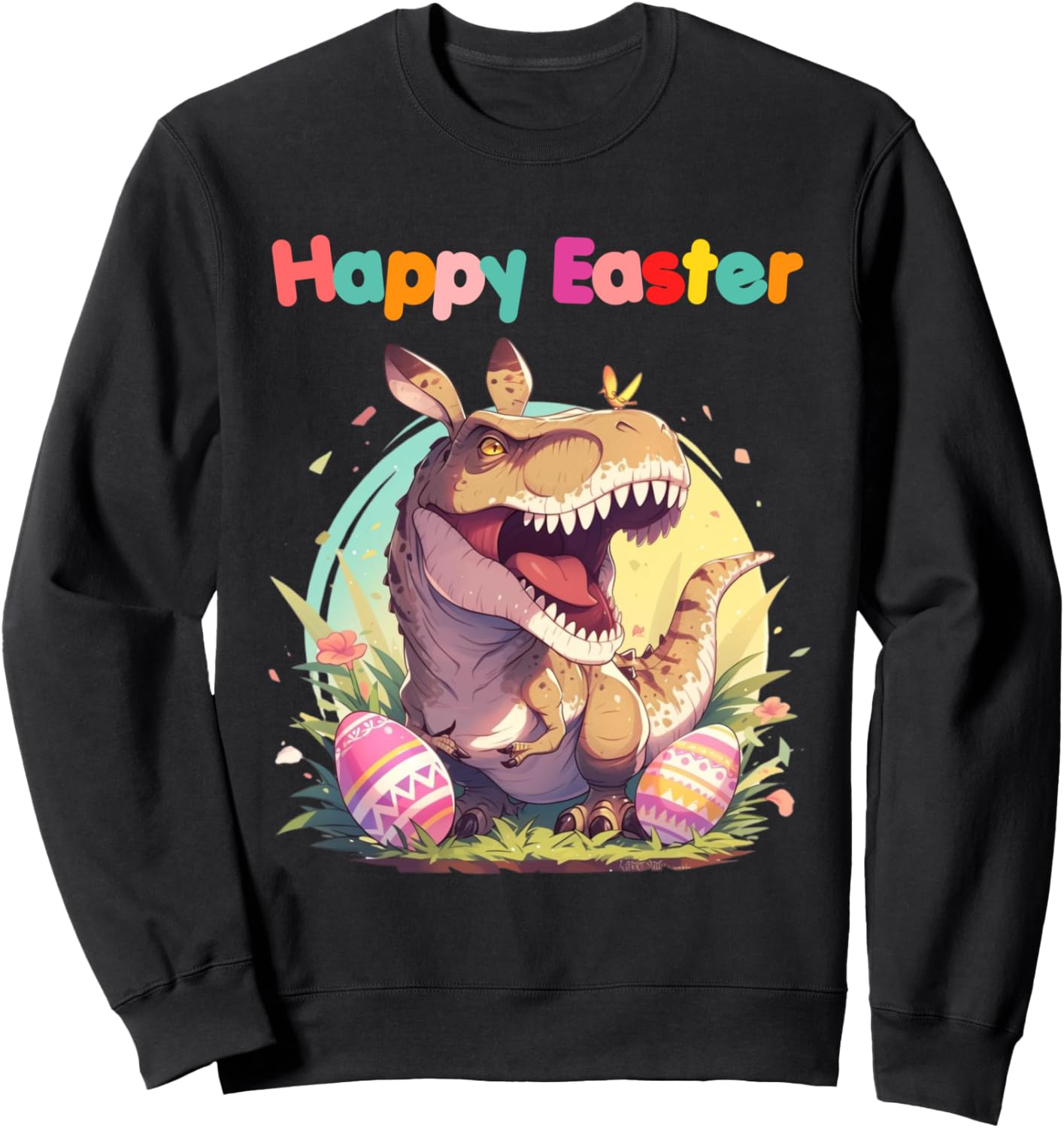 

Красочная толстовка с изображением динозавра Трекса и заячьих ушей для охоты за пасхальными яйцами 2024 года Easter 2024 Eggs Hunt Cool Dinosaurstees For Kids, черный