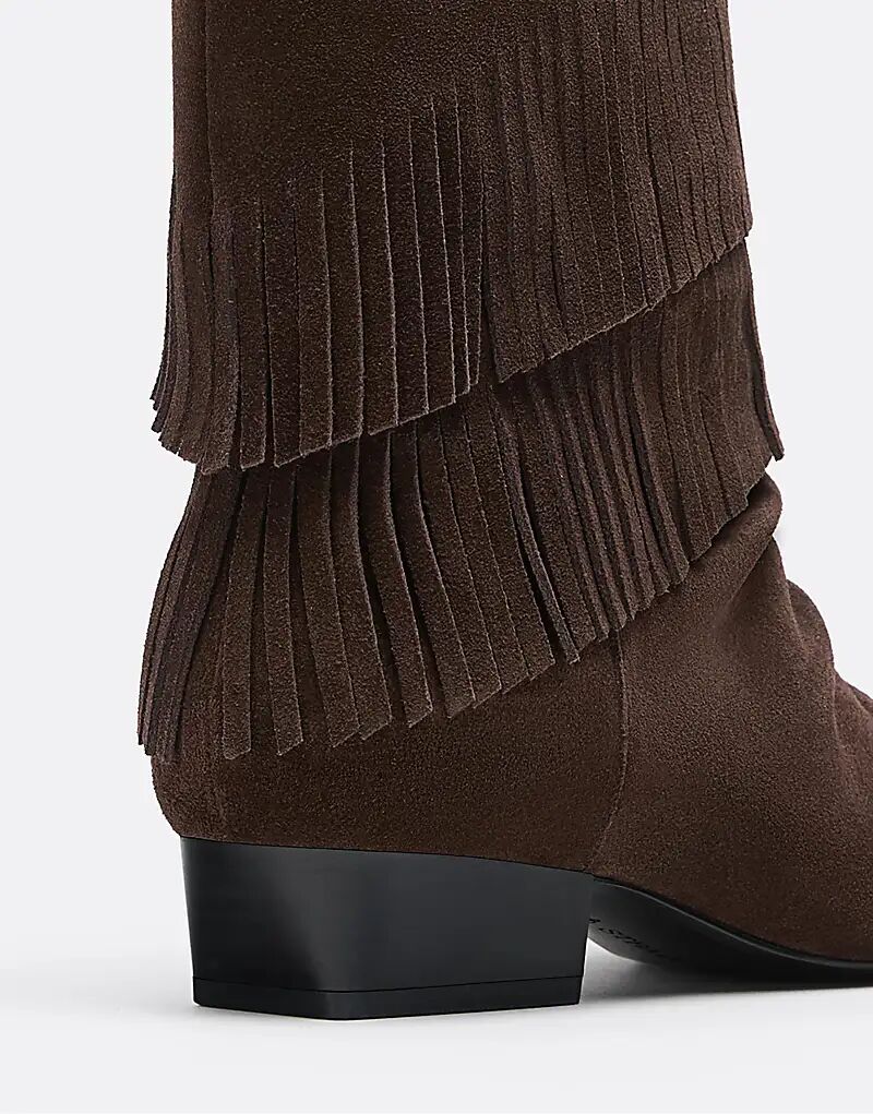 Ботильоны Stradivarius Flat из кожи с бахромой коричневого цвета — фото 2