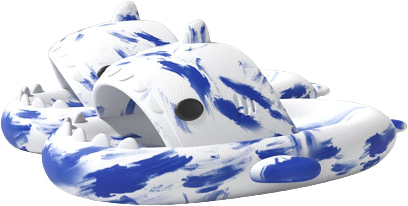 

Тапочки YTHSPNZE в виде акулы, оригинальные и интересные тапочки в виде облачной акулы, нескользящие быстросохнущие тапочки в виде акулы, тапочки из материала EVA в виде акулы «Звездный свет», белый/синий