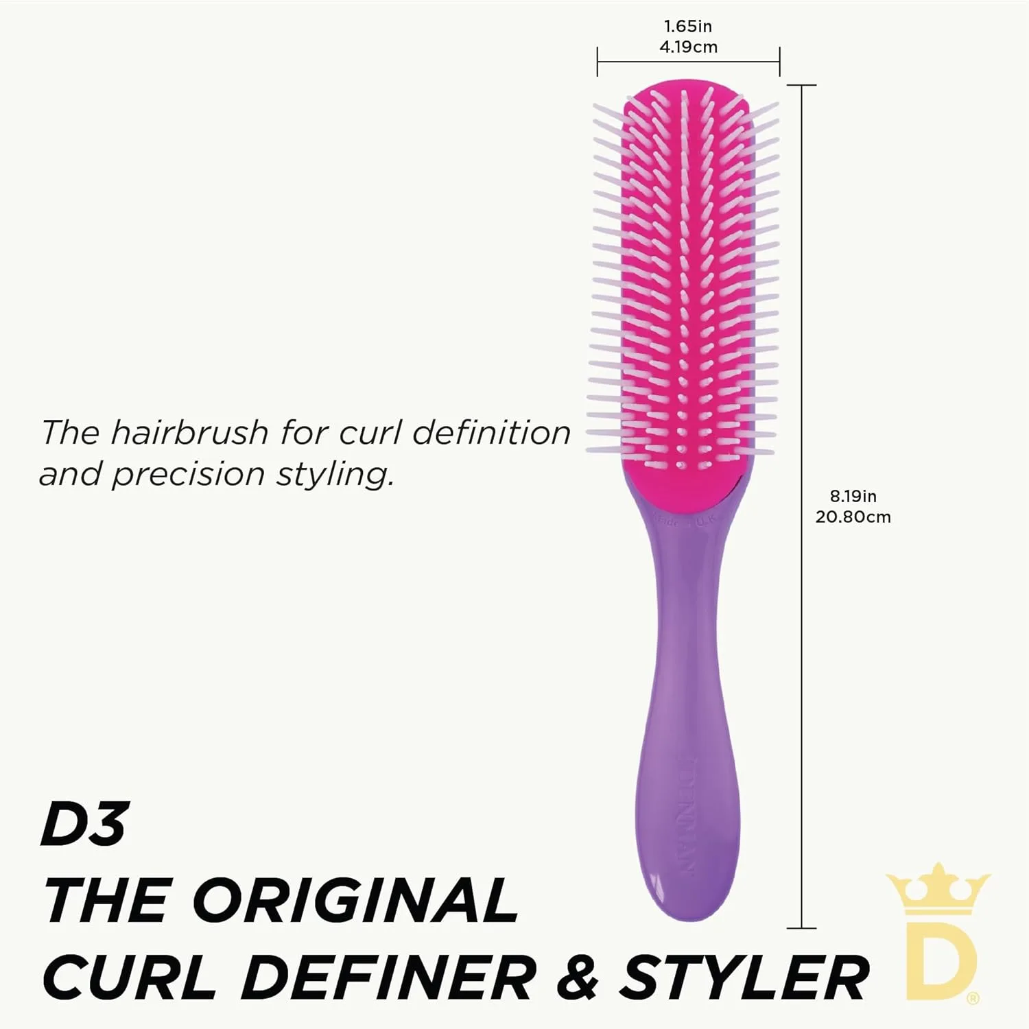 Denman D3 Original Curl Definer & Styler, щетка для вьющихся волос для женщин и мужчин - 7-рядная расческа для распутывания и укладки локонов для гладких и четких завитков, Purple — фото 2