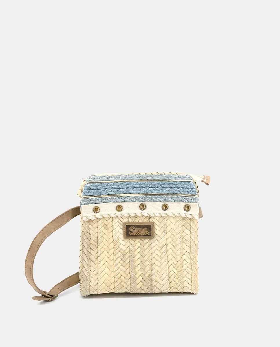 

Маленькая сумка-портфель из натуральной пальмы с прострочкой, люверсами и рафией Simó Sastre, синий