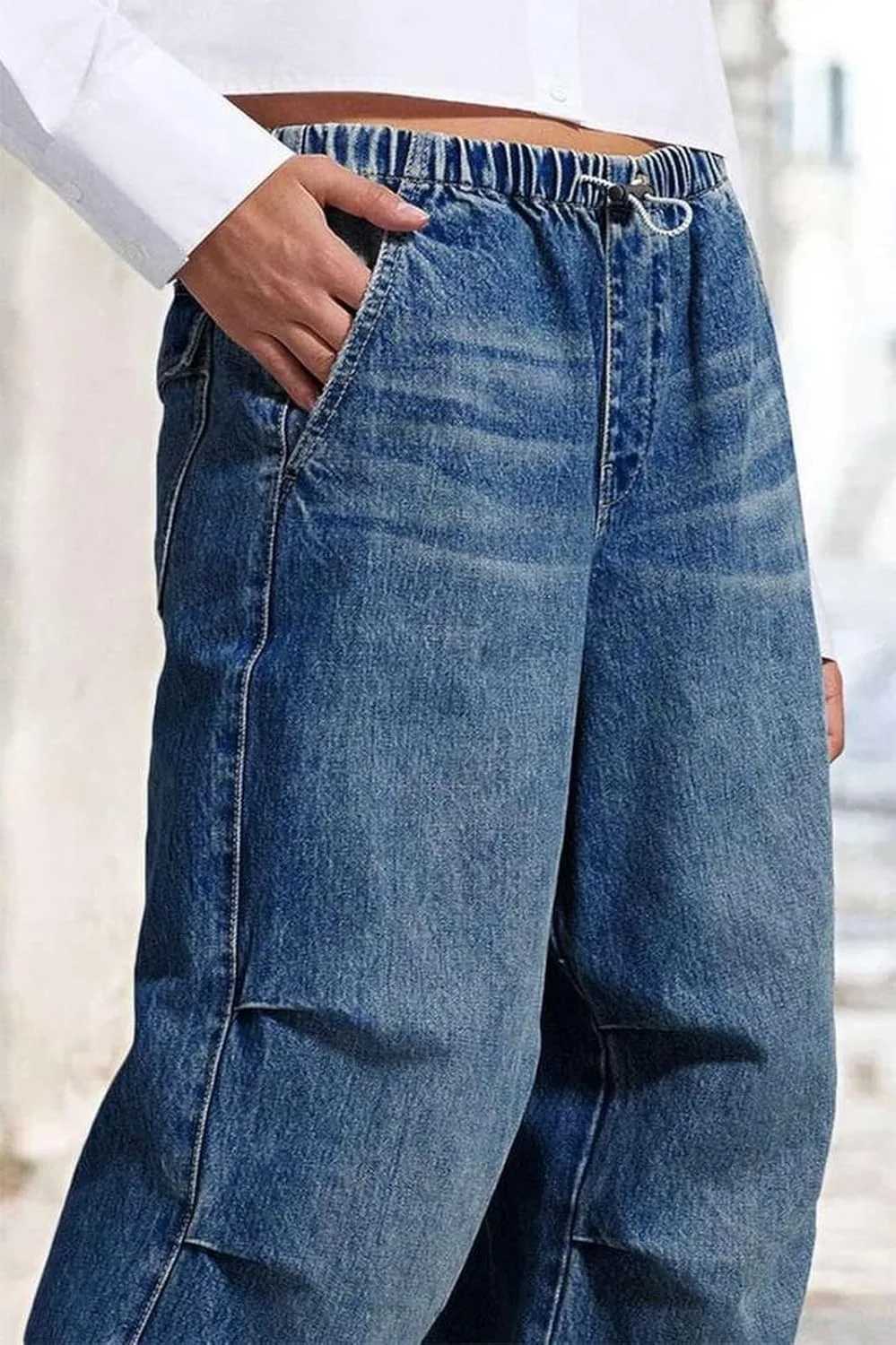 Винтажные синие джинсы женские wide leg с эластичным поясом — фото 3