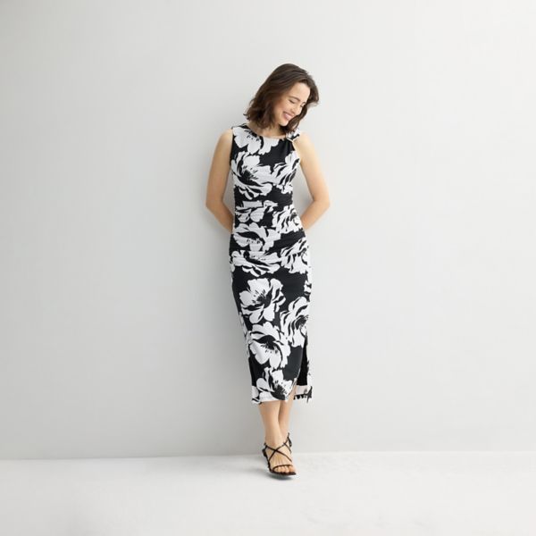 

Женское асимметричное плиссированное платье миди Intempo, цвет black white floral