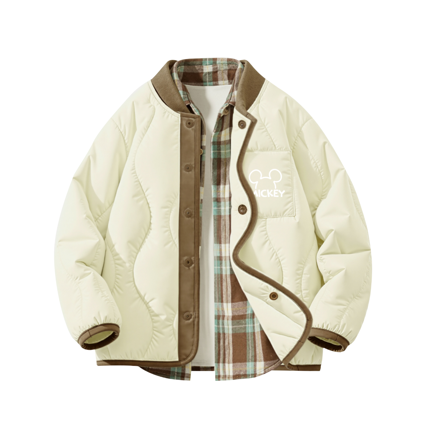 

Детская утепленная курткас круглым вырезом, утолщенные и на флисовой подкладке Disney, [thickened and fleece-lined]thick board di line k экрю+solid rum коричневый plaid