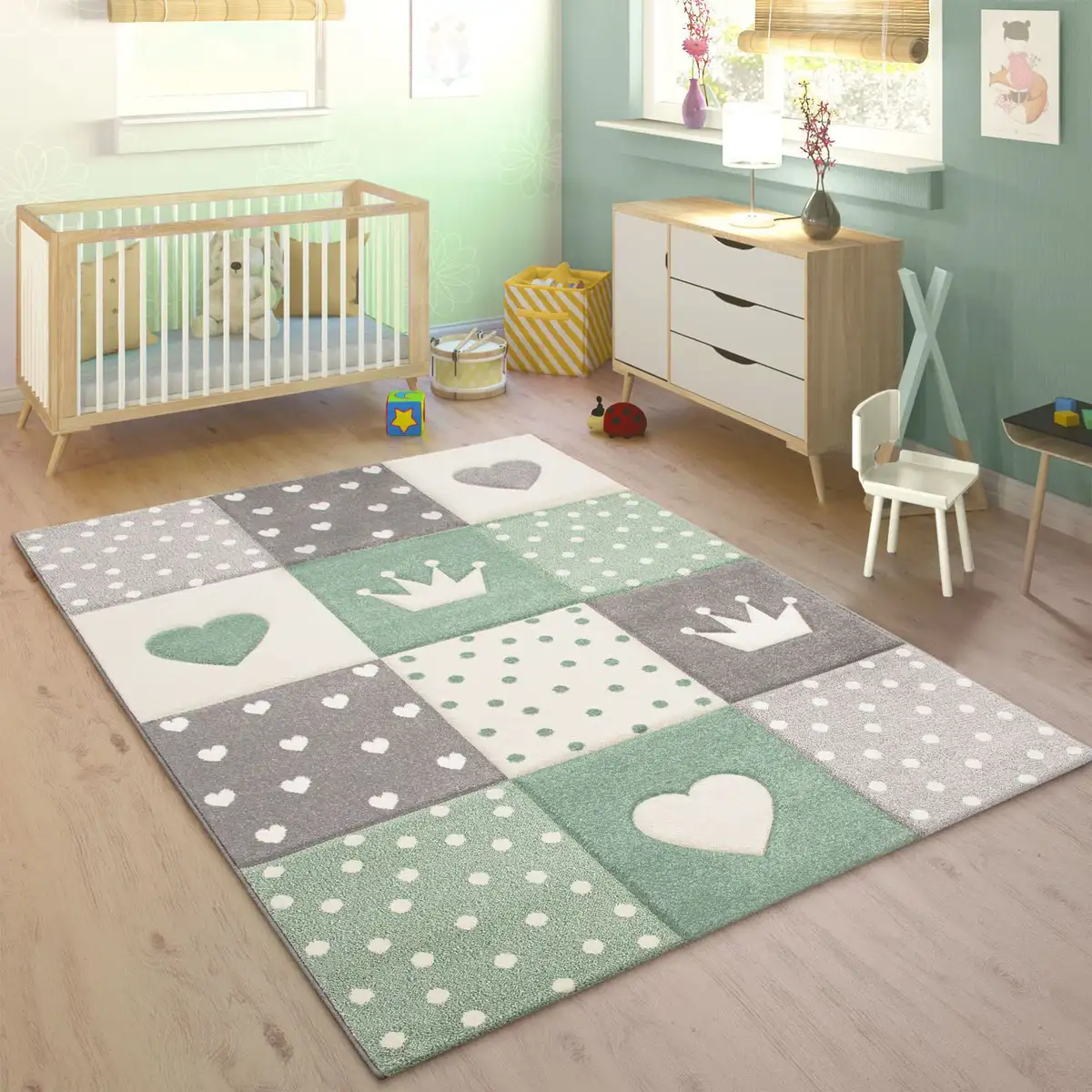 

Детский ковер Paco Home "Cosmo 339", прямоугольный, короткий ворс, пастельные тона, 3D-эффект, мотив сердца, точек и короны 120х170 см, зеленый