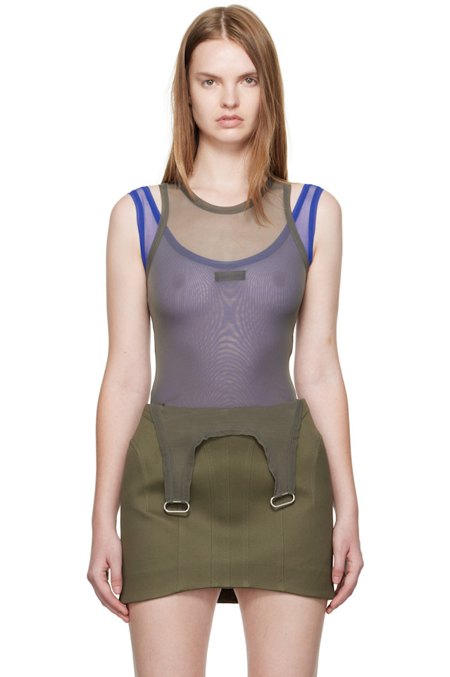 

Mugler Боди-Майка из сетчатой ткани цвета хаки и синего