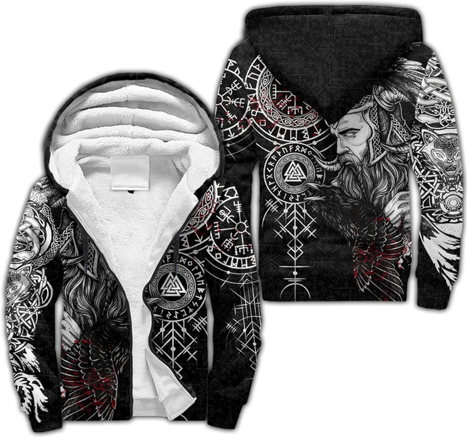 Мужская шерстяная куртка Viking Vegvisir Valknut, толстовка на молнии, парка средней длины, зимний плащ с капюшоном, повседневная куртка с роговой пряжкой, теплая мантия