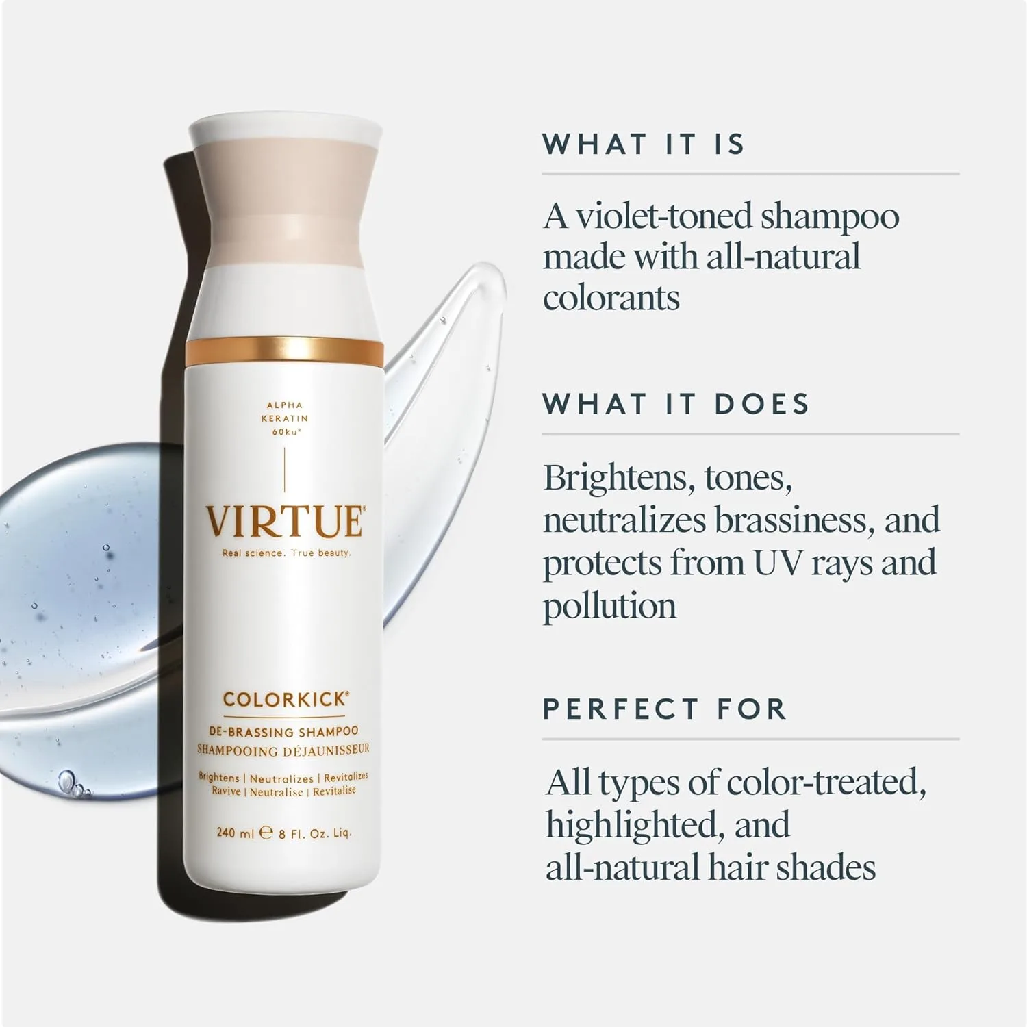 Шампунь VIRTUE De-Brassing Shampoo, натуральный тонер для окрашенных волос, осветляет и восстанавливает все виды окрашенных волос, ColorKick, 237 мл — фото 2